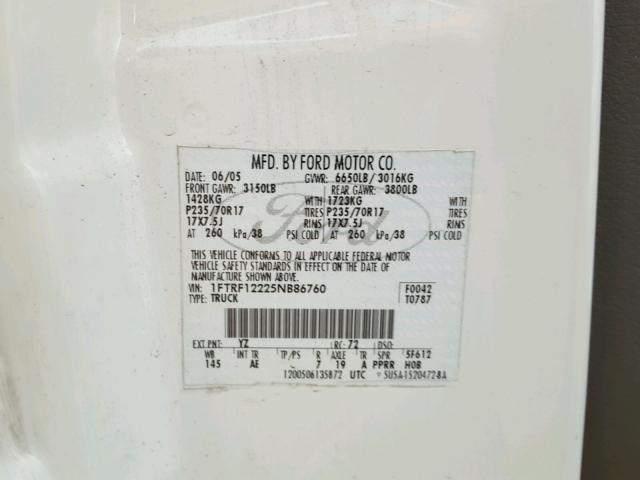 1FTRF12225NB86760 - 2005 FORD F150 WHITE photo 10