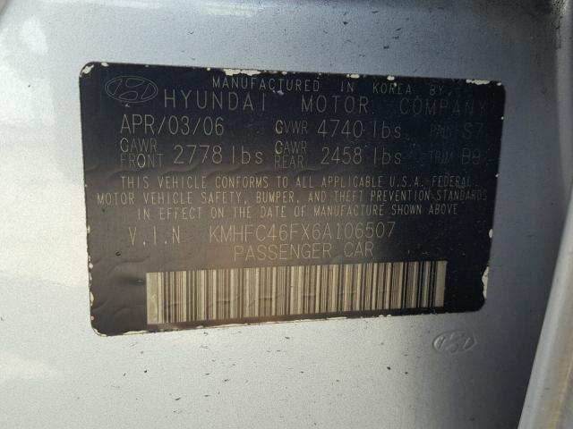 KMHFC46FX6A106507 - 2006 HYUNDAI AZERA SE SILVER photo 10