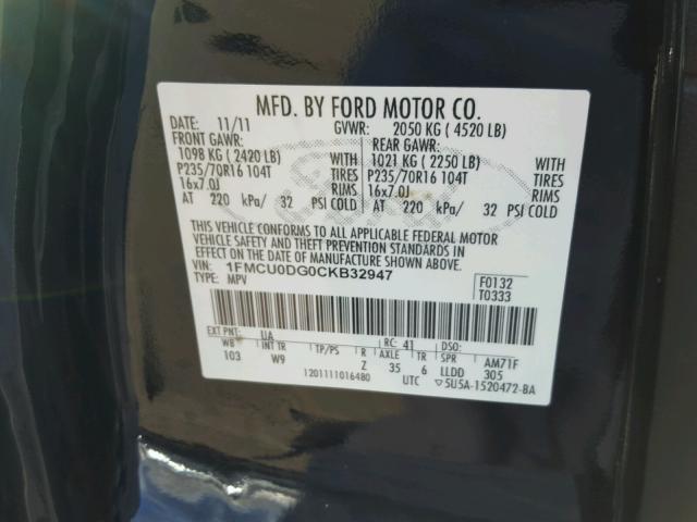 1FMCU0DG0CKB32947 - 2012 FORD ESCAPE XLT BLACK photo 10