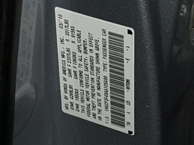 1HGCP2F49AA105499 - 2010 HONDA ACCORD LXP SILVER photo 10