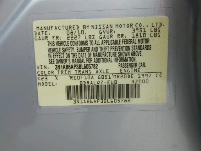 3N1AB6AP3BL605782 - 2011 NISSAN SENTRA 2.0 SILVER photo 10