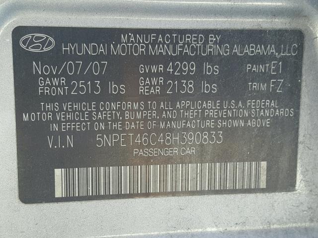 5NPET46C48H390833 - 2008 HYUNDAI SONATA GLS SILVER photo 10