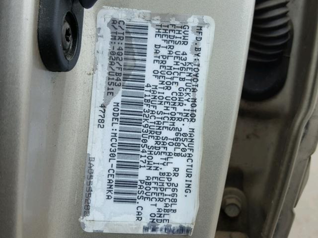 4T1BF32K93U054171 - 2003 TOYOTA CAMRY LE GOLD photo 10