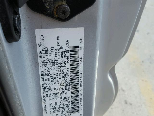 5TETX22N08Z588894 - 2008 TOYOTA TACOMA ACC SILVER photo 10