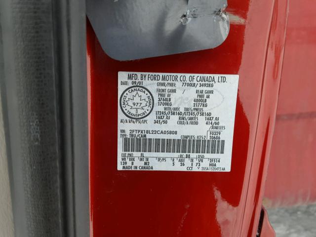 2FTPX18L22CA05808 - 2002 FORD F150 RED photo 10