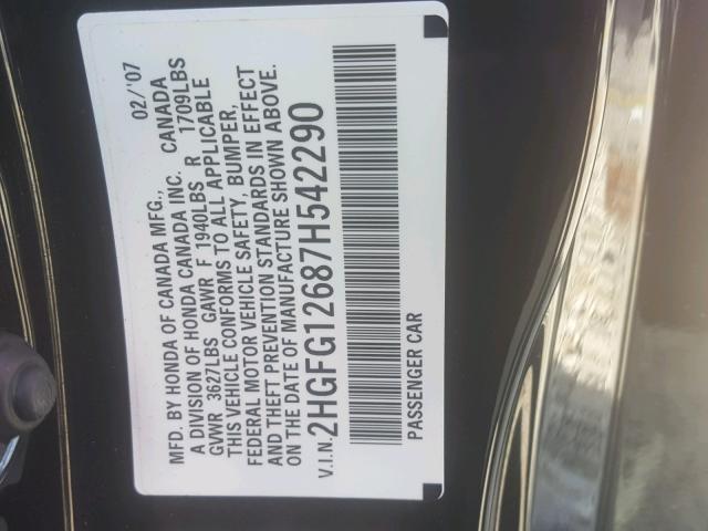 2HGFG12687H542290 - 2007 HONDA CIVIC LX BLACK photo 10