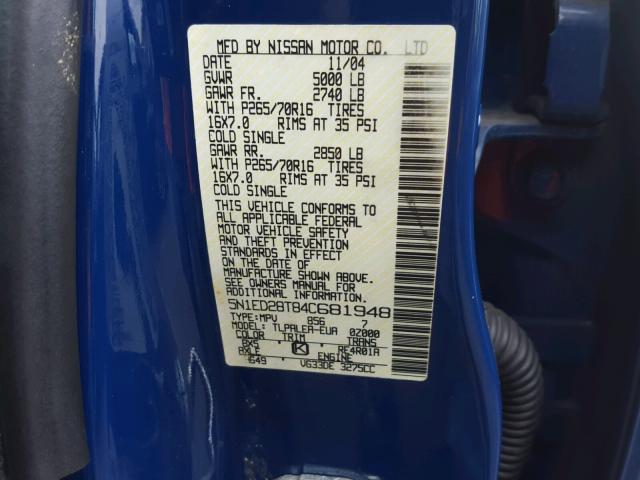 5N1ED28T84C681948 - 2004 NISSAN XTERRA XE BLUE photo 10