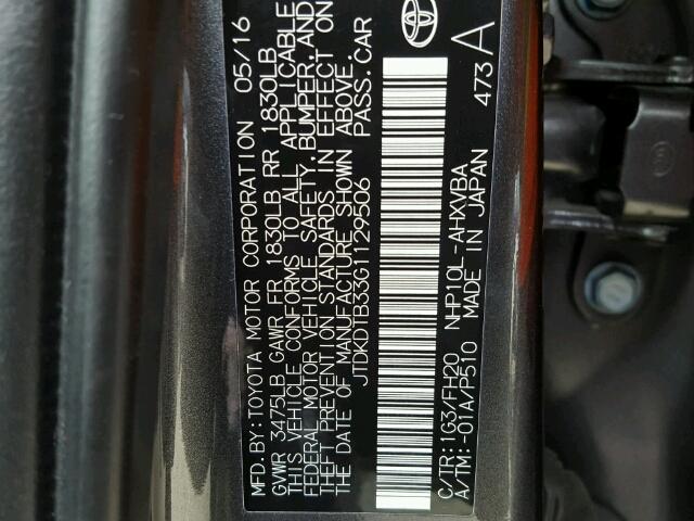 JTDKDTB33G1129506 - 2016 TOYOTA PRIUS C GRAY photo 10