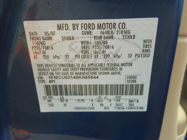 1FMCU93148KA65844 - 2008 FORD ESCAPE XLT BLUE photo 10