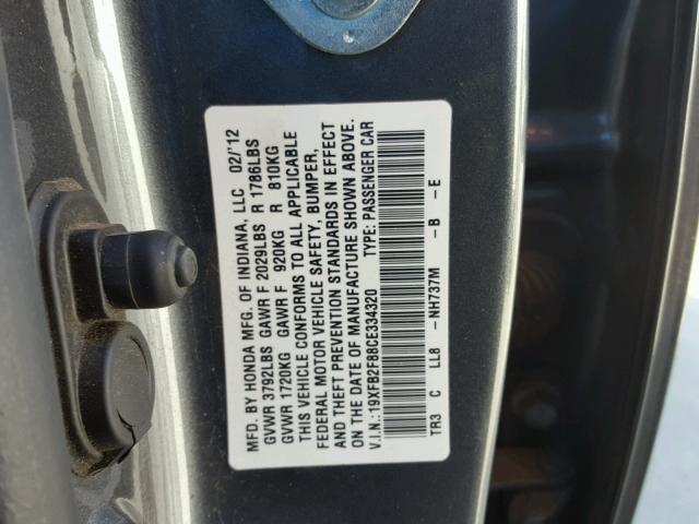 19XFB2F88CE334320 - 2012 HONDA CIVIC EX GRAY photo 10