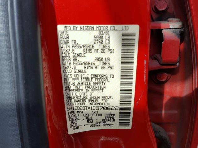 5N1ED28TX1C570622 - 2001 NISSAN XTERRA XE RED photo 10