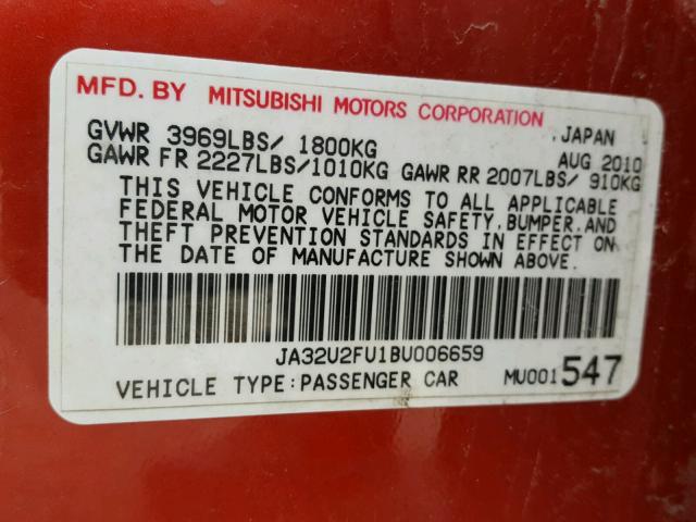 JA32U2FU1BU006659 - 2011 MITSUBISHI LANCER ES/ RED photo 10