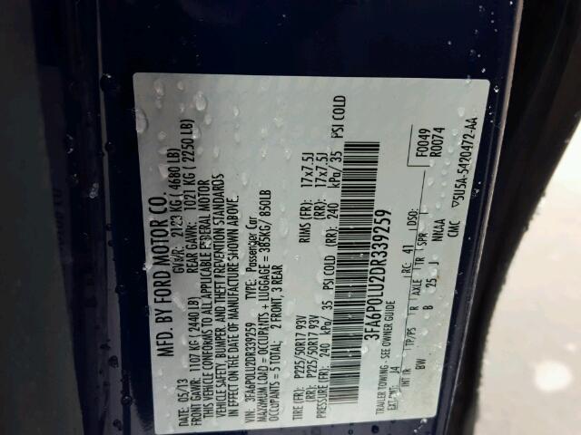 3FA6P0LU2DR339259 - 2013 FORD FUSION SE BLUE photo 10