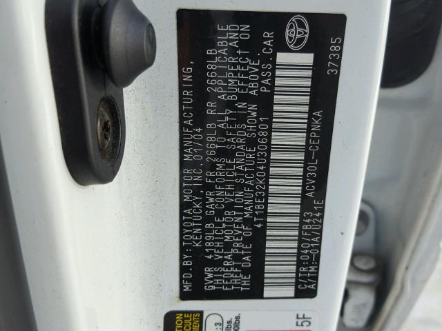 4T1BE32K04U306801 - 2004 TOYOTA CAMRY LE WHITE photo 10