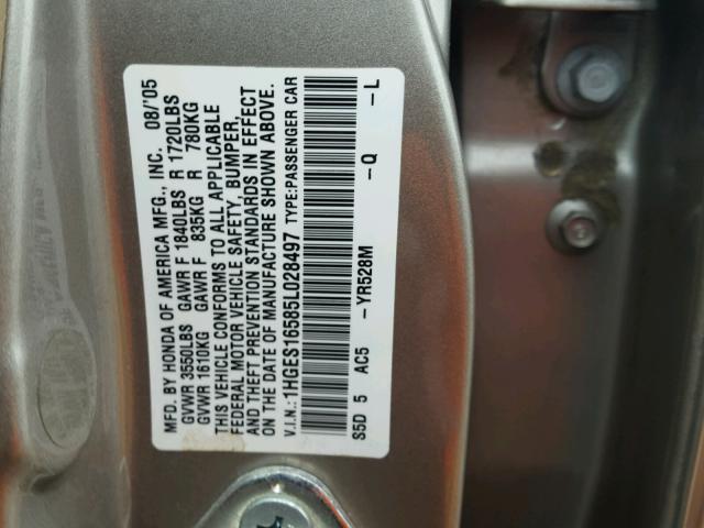 1HGES16585L028497 - 2005 HONDA CIVIC LX BEIGE photo 10