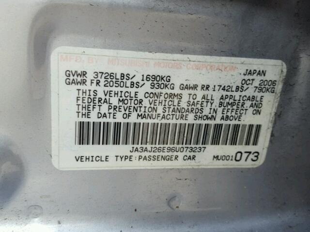 JA3AJ26E96U073237 - 2006 MITSUBISHI LANCER ES SILVER photo 10