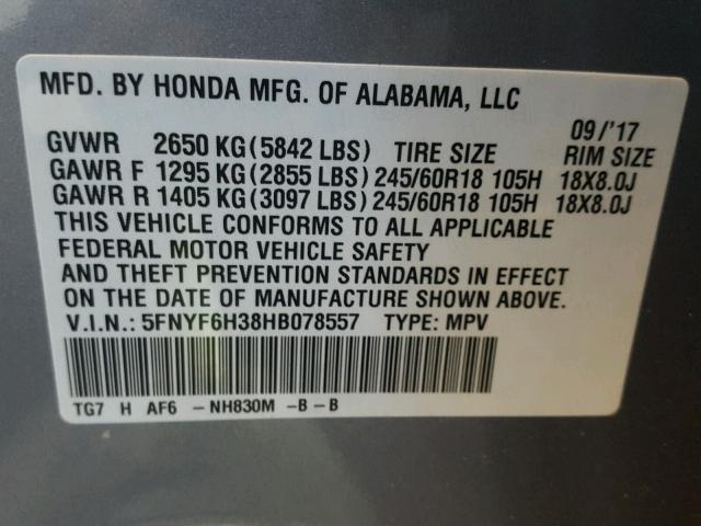 5FNYF6H38HB078557 - 2017 HONDA PILOT EX GRAY photo 10