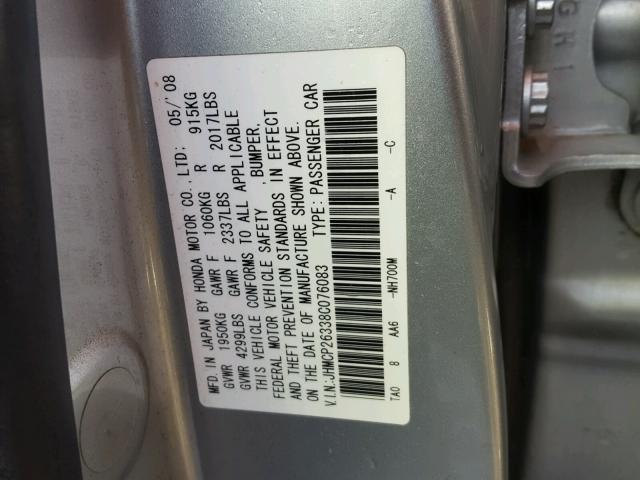 JHMCP26338C076083 - 2008 HONDA ACCORD LX SILVER photo 10