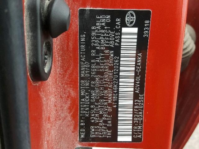 4T1BE46K27U120262 - 2007 TOYOTA CAMRY LE A Қызыл фото 10