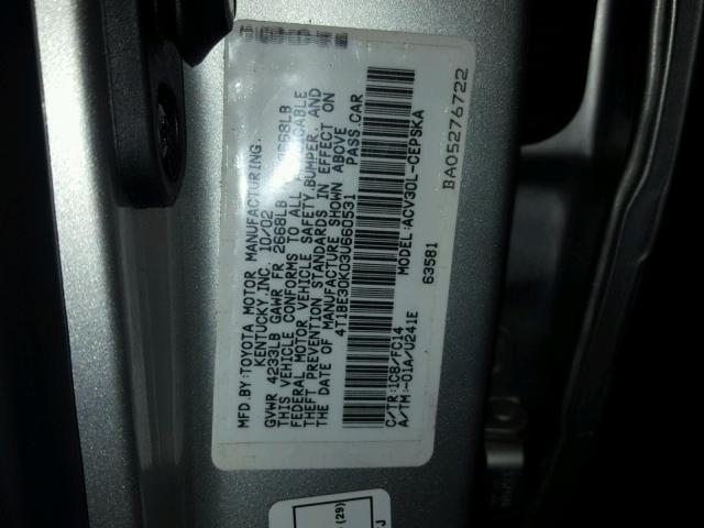 4T1BE30K03U660531 - 2003 TOYOTA CAMRY LE SILVER photo 10