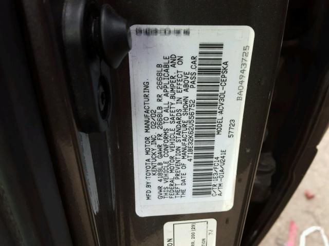 4T1BE32K62U556752 - 2002 TOYOTA CAMRY LE GRAY photo 10