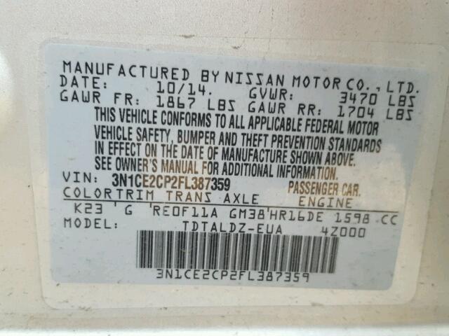 3N1CE2CP2FL387359 - 2015 NISSAN VERSA NOTE SILVER photo 10