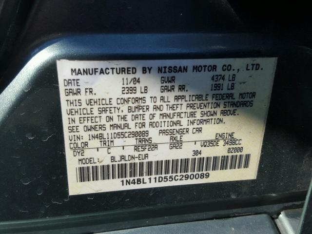 1N4BL11D55C290089 - 2005 NISSAN ALTIMA SE GREEN photo 10