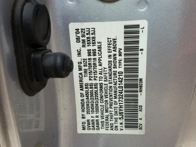 5J6YH17324L014210 - 2004 HONDA ELEMENT LX SILVER photo 10