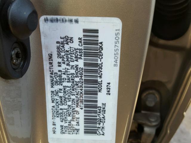 4T1BE30K43U234602 - 2003 TOYOTA CAMRY LE TAN photo 10