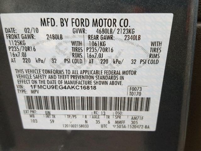 1FMCU9EG4AKC16818 - 2010 FORD ESCAPE LIM BLUE photo 10