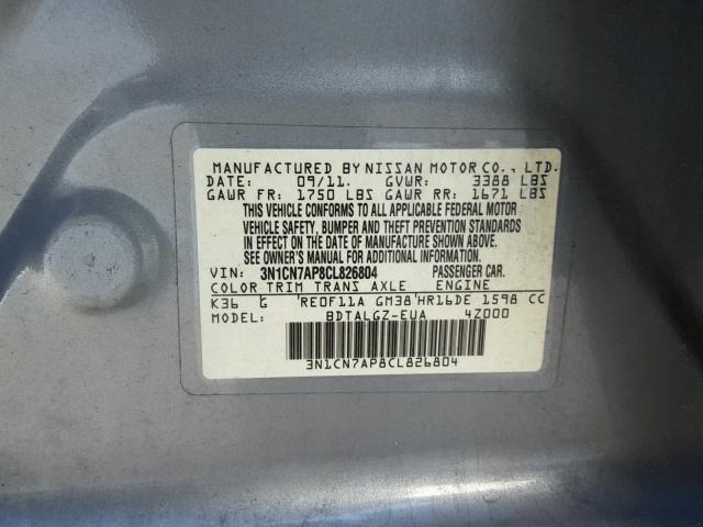 3N1CN7AP8CL826804 - 2012 NISSAN VERSA S SILVER photo 10