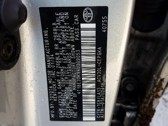 4T1BE30K94U309053 - 2004 TOYOTA CAMRY LE SILVER photo 10