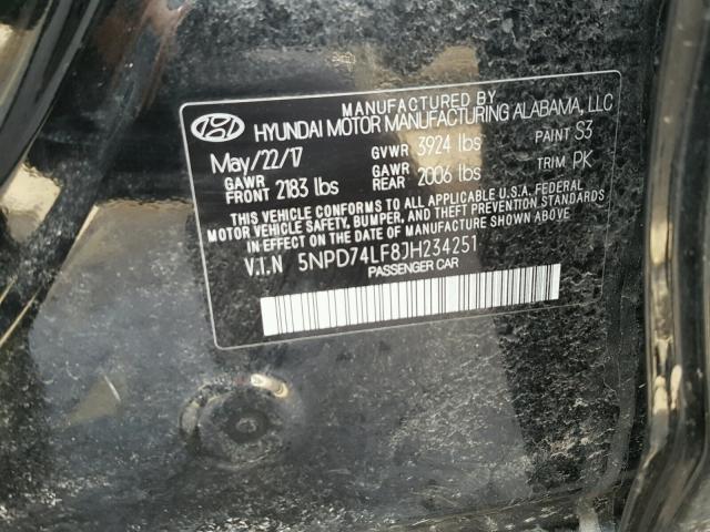 5NPD74LF8JH234251 - 2018 HYUNDAI ELANTRA SE BLACK photo 10