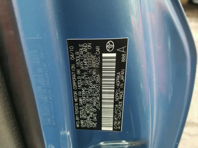 JTDJT4K37A5313884 - 2010 TOYOTA YARIS BLUE photo 10