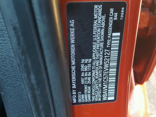 WBAVM1C57EVW52127 - 2014 BMW X1 SDRIVE2 ORANGE photo 10