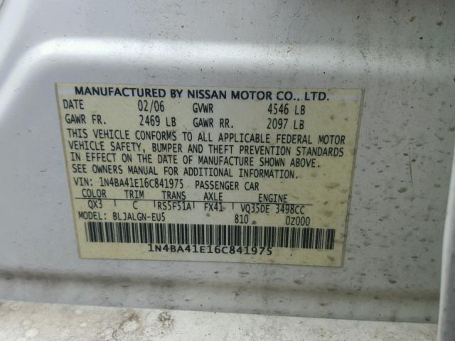 1N4BA41E16C841975 - 2006 NISSAN MAXIMA SE WHITE photo 10