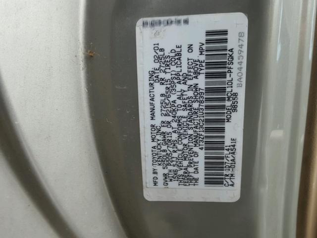 4T3ZF13C21U378397 - 2001 TOYOTA SIENNA LE SILVER photo 10