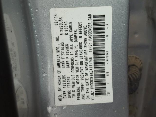 1HGCR2F8XEA151748 - 2014 HONDA ACCORD EXL SILVER photo 10