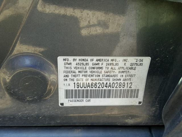 19UUA66204A028912 - 2004 ACURA TL CHARCOAL photo 10