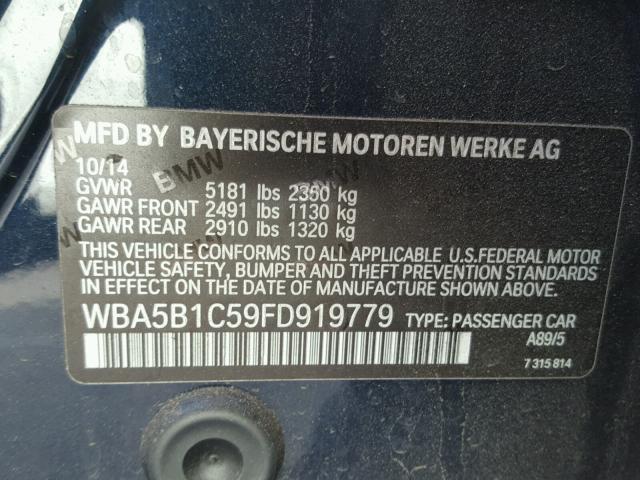 WBA5B1C59FD919779 - 2015 BMW 535 I BLUE photo 10