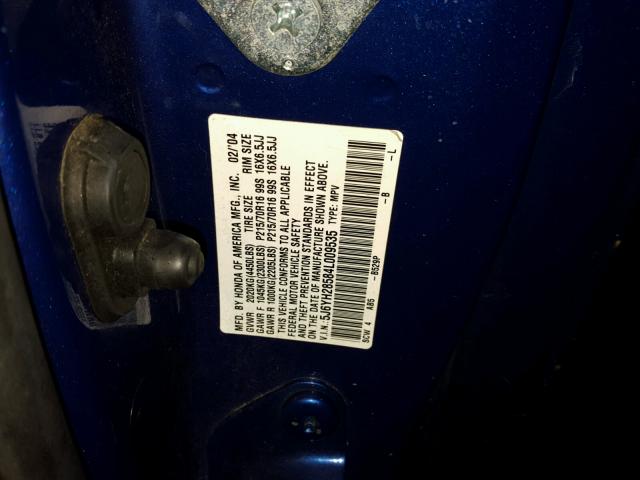 5J6YH28584L009535 - 2004 HONDA ELEMENT EX BLUE photo 10