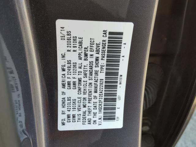 1HGCR2F32EA222929 - 2014 HONDA ACCORD LX GRAY photo 10