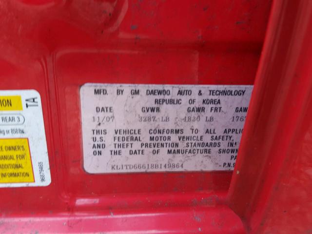 KL1TD66618B149864 - 2008 CHEVROLET AVEO BASE Kırmızı fotoğraf 10