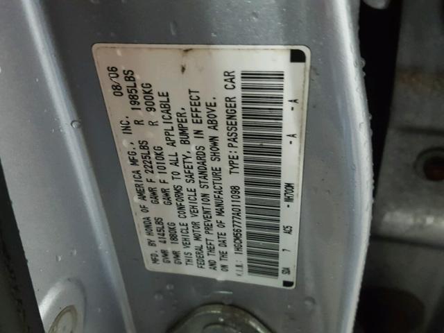 1HGCM56777A011098 - 2007 HONDA ACCORD EX SILVER photo 10