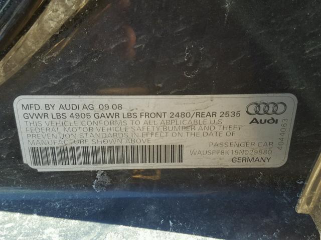 WAUSF78K19N029980 - 2009 AUDI A4 PREMIUM BLACK photo 10