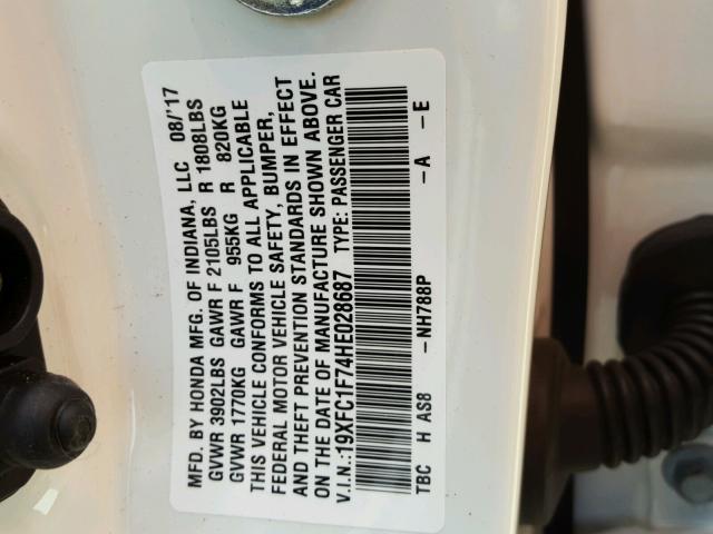 19XFC1F74HE028687 - 2017 HONDA CIVIC EXL 白色 照片 10