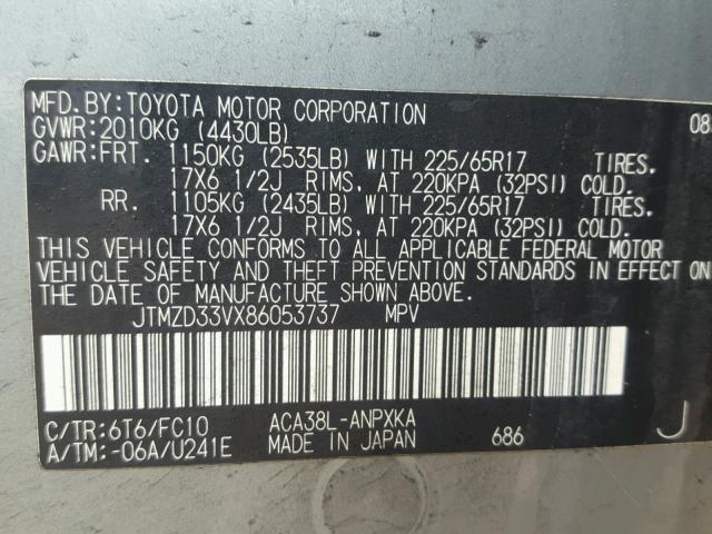 JTMZD33VX86053737 - 2008 TOYOTA RAV4 BLUE photo 10