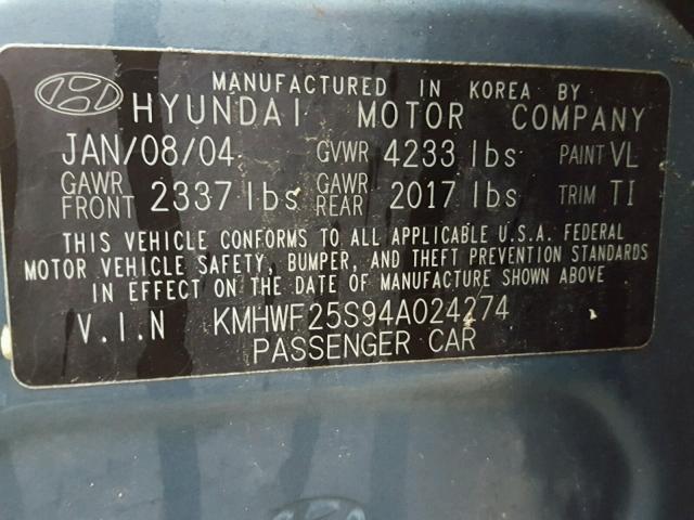 KMHWF25S94A024274 - 2004 HYUNDAI SONATA GL TEAL photo 10