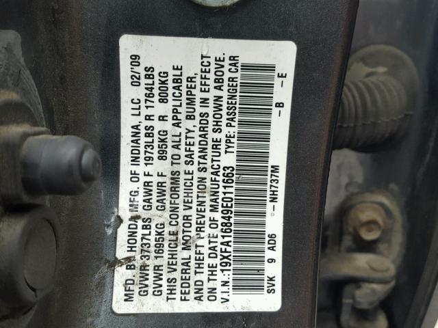 19XFA16849E011663 - 2009 HONDA CIVIC EX GRAY photo 10