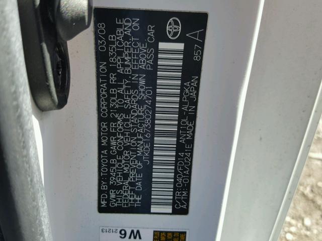 JTKDE167380274701 - 2008 TOYOTA SCION TC 白色 照片 10